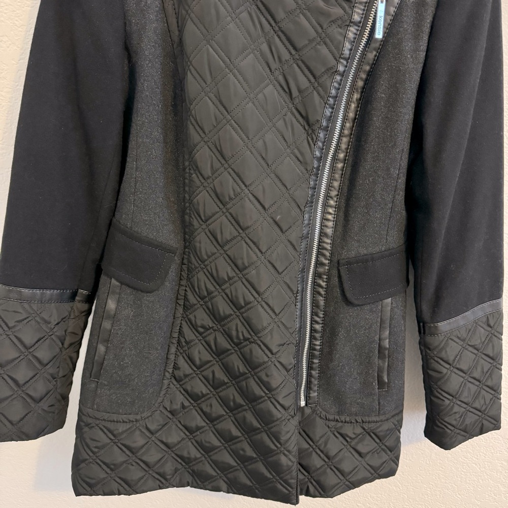 Kensie Women's Wool Blend Full Zip Overcoat Black Faux Leather Accent. S… - Picture 5 of 15